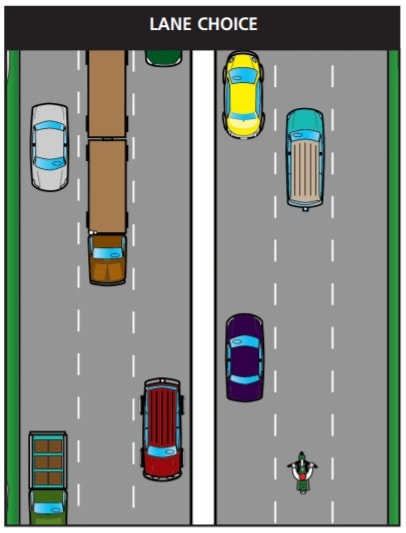 A birds-eye illustration of what the safest lane for a motorcycle rider would look like. 