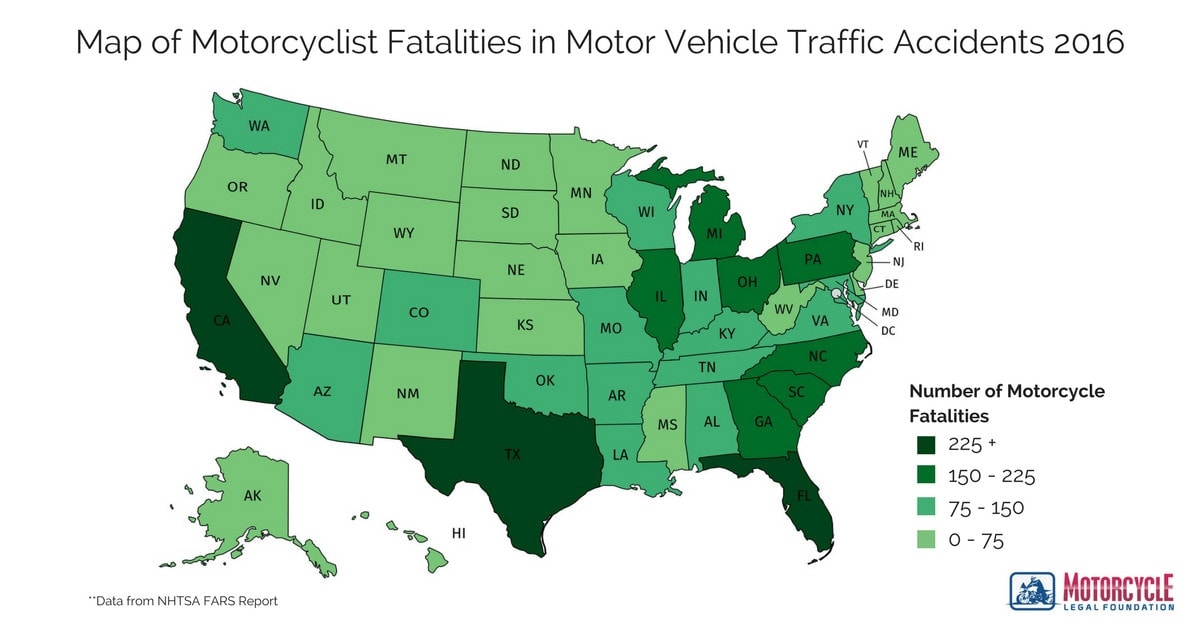 A color coded map of the united states, showing the number of motorcycle fatalities in 2016