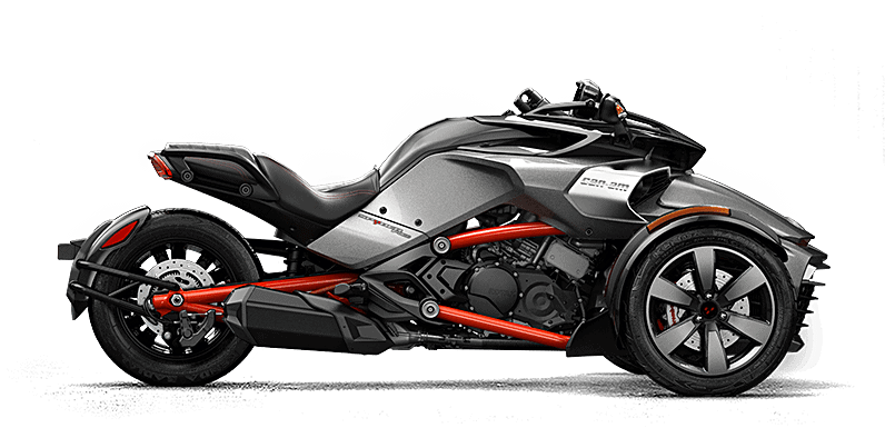 A silver and black Can-Am Spyder F3 with red detailing. 