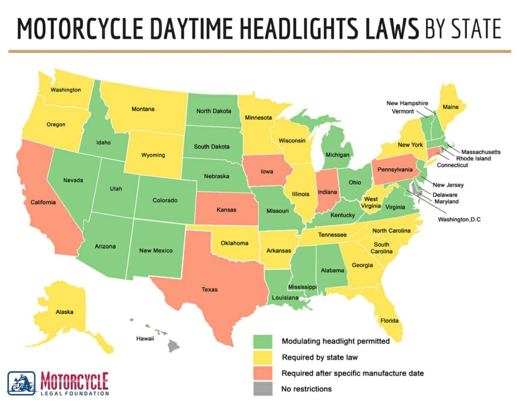A color coded map of the United States showing which states require daytime headlights for motorcyclists. 