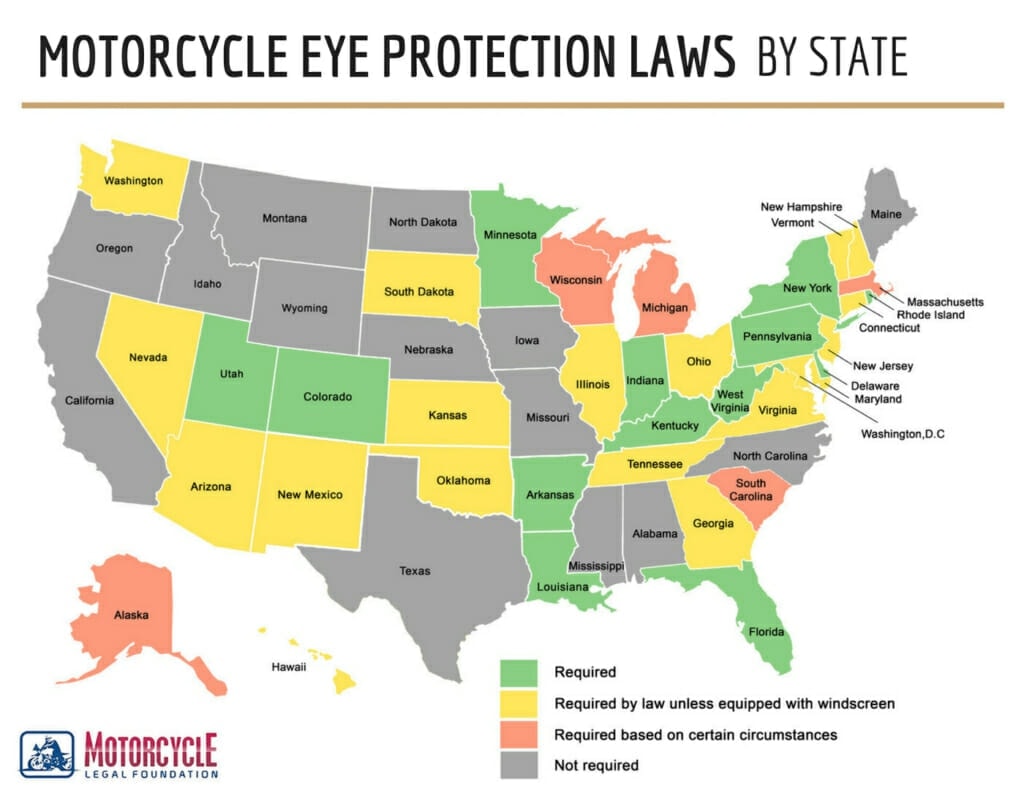 A color coded map of the United States, showing which states require eye protection for motorcyclists. 
