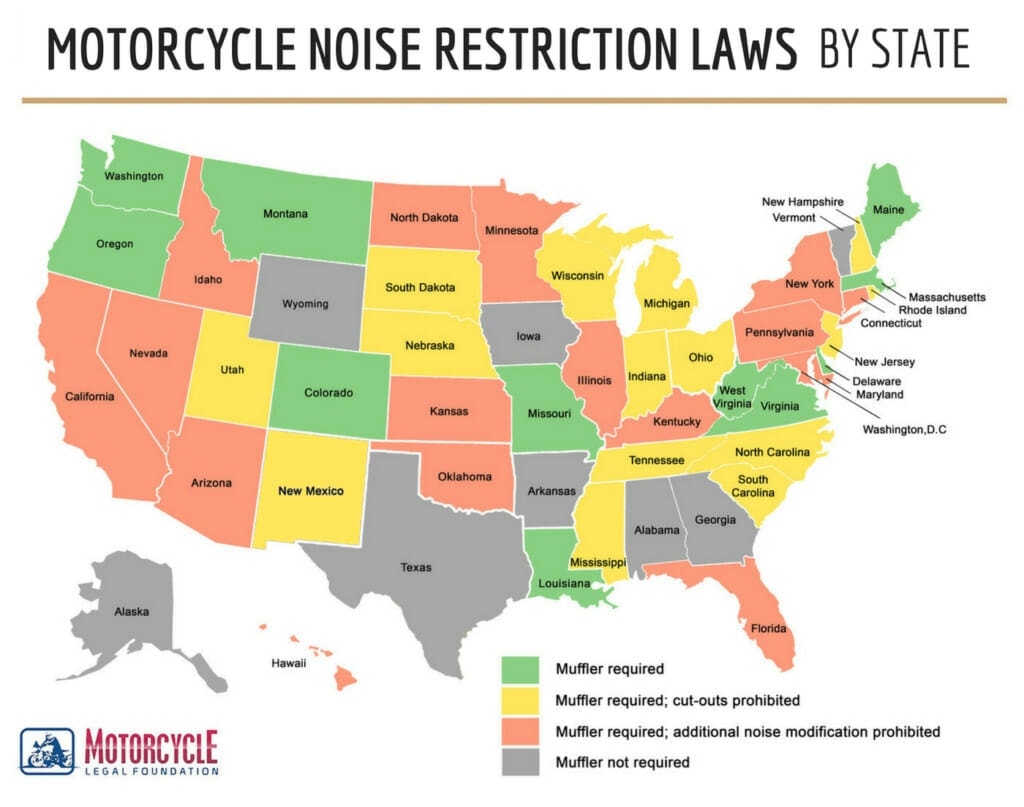 A color coded map of the United States showing the motorcycle noise restriction laws for each state. 