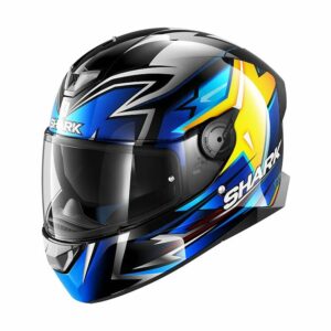 A blue yellow and black Shark Skwal 2 Motorcycle Helmet