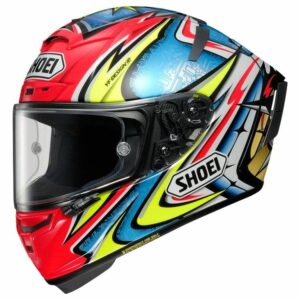 A red green and blue patterned Shoei X-Fourteen Motorcycle Helmet