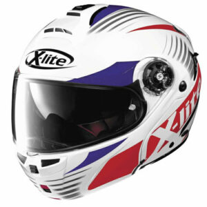 A red white and blue X-Lite X-1004 Motorcycle Helmet