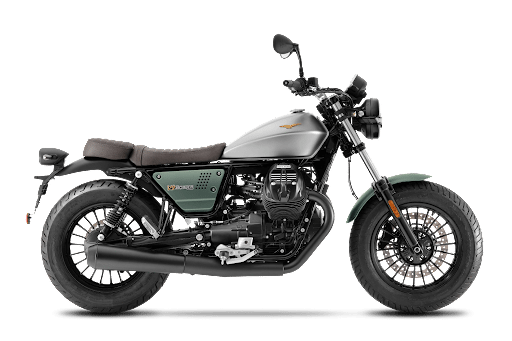 A black 2021 Moto Guzzi V9 Bobber with green side panels, a brown seat, and a matte grey fuel tank