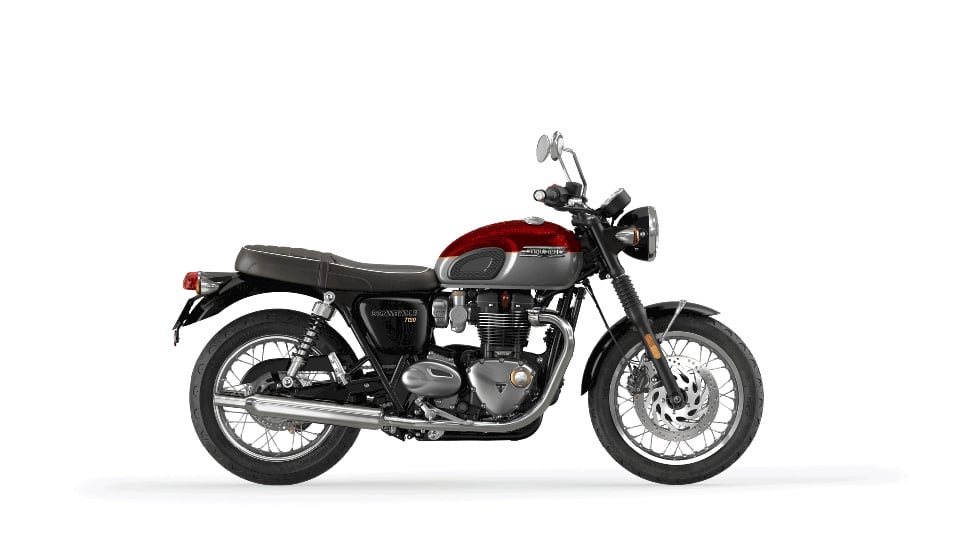 A red, silver, and black 2021 Triumph Bonneville T120