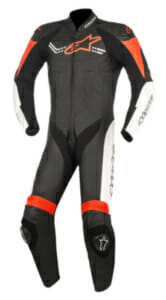 Black orange and white Alpinestars Challenger II motorcycle suit. 