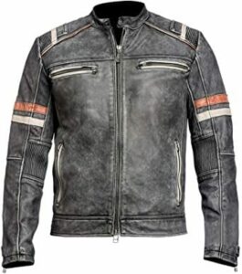 Worn black, red, and white Spazeup Cafe Racer Jacket Vintage Motorcycle Retro Moto Distressed Leather Jacket