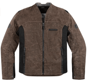 A brown and black Icon Oildale motorcycle jacket.