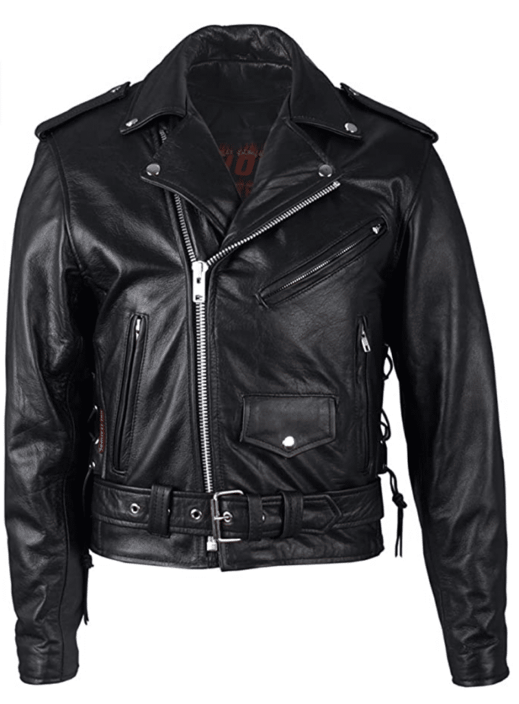 A black Perfecto leather motorcycle jacket.