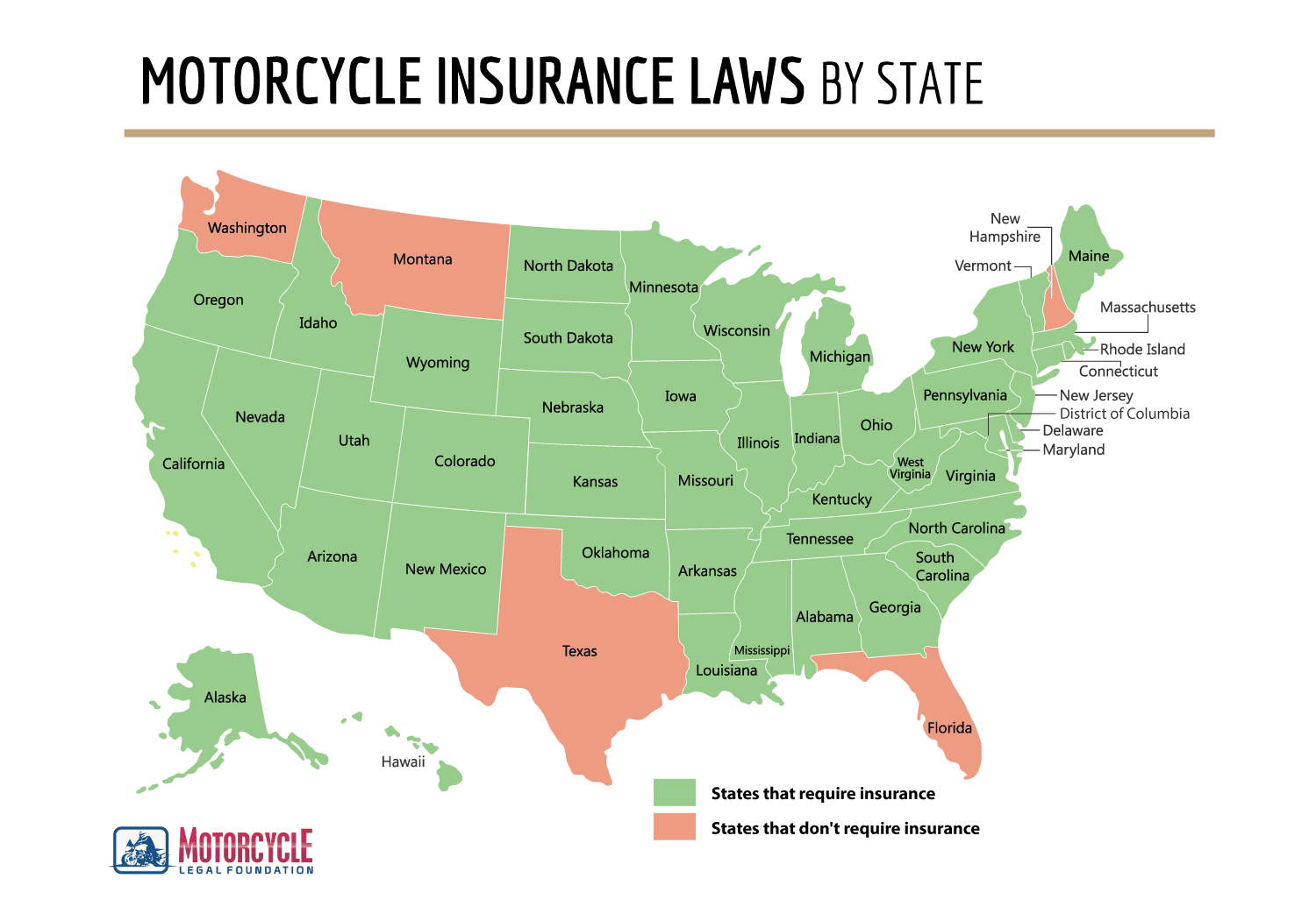 US map showing insurance legal requirements per state