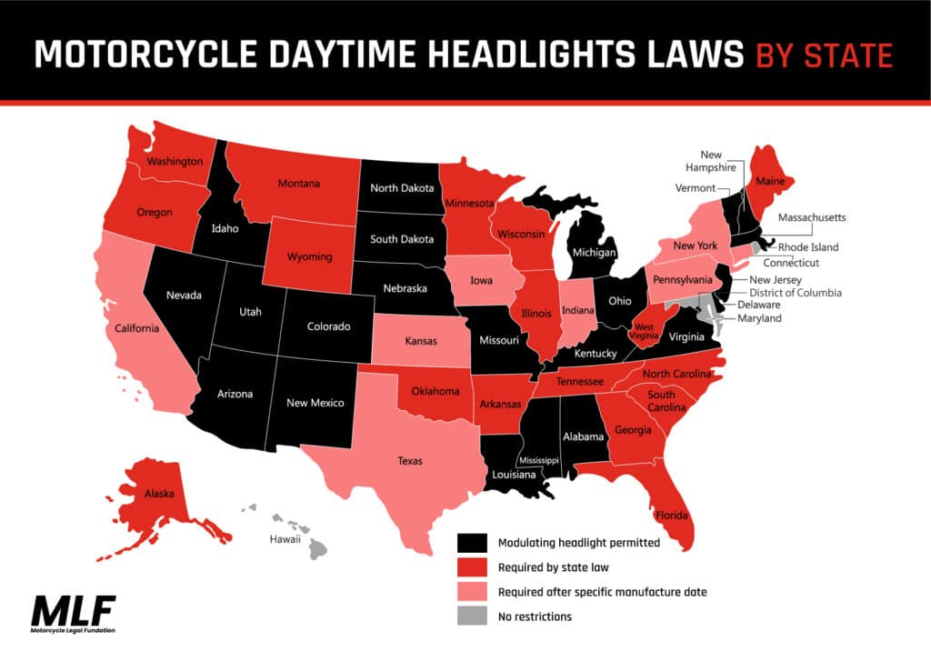 US map showing daytime headlight laws by state