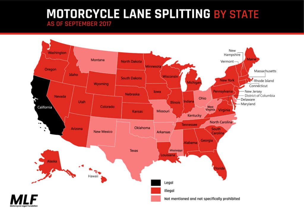 US map showing lane-splitting laws by state