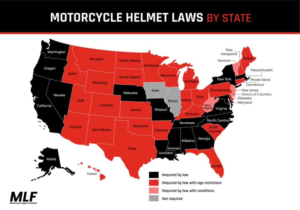 US map showing helmet laws by state